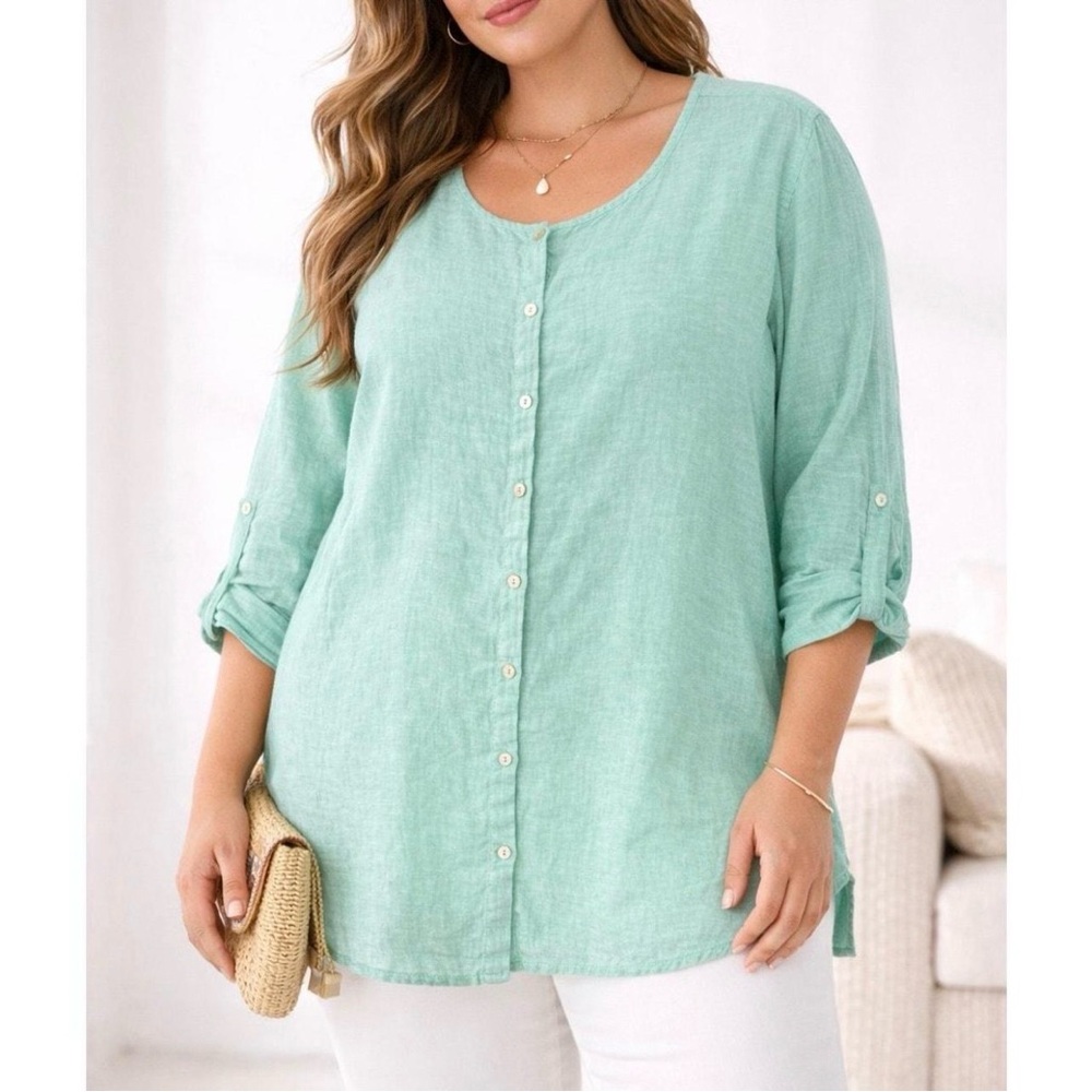 TAHARI 100% Linen Blouse Tunic Turquoise Roll‎ Tab Sleeve Button Up Shirt Sz 1X